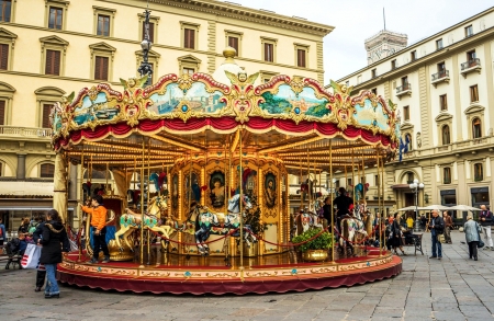 Merry-Go-Round - carousel, city, houses, people