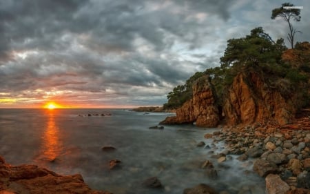 Coastal  Sunset - clouds, trees, sunset, nature, coast, sea, sun, sky