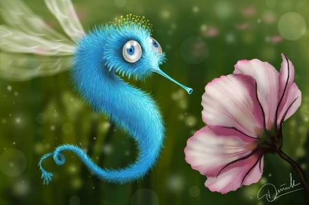 Humming-bird seahorse guy - humming-bird, fantasy, art, seahorse, pink, luminos, colibri, daniellefw, blue, green, flower