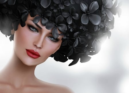 Beauty - hat, girl, flower, frumusete, black, lips, fantasy, red, woman, magissadenver, rendering, face, luminos