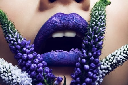 Purple - mouth, woman, purple, lips, blue, green, flower