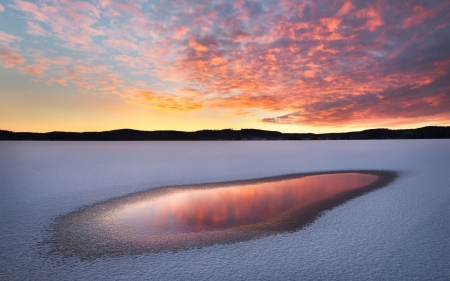 Sunset - sky, lake, light, winter, sunset, paint, nature, evening, reflection, snow, clouds