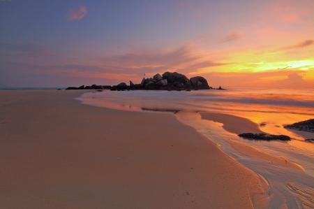 Sunset on the beach - nature, beach, splendor, sunset, sea, rocks