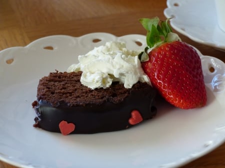 Happy Valentine Day to all... - cake, strawberry, cream, hearts, plate