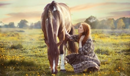 Lovely Girl - field, horse, woman, model