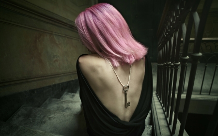 Mysterious Woman - back, pink hair, woman, goth