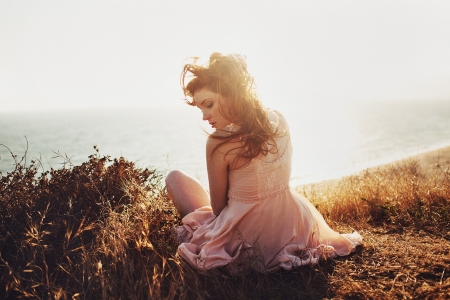 Lovely Girl - sitting, woman, windy, model