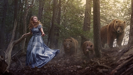 Forest Girl - forest, bears, woman, woods