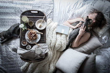 Good Morning - food, cats, woman, bed