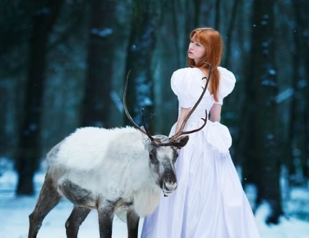 White Beauty - snow, woman, animals, model