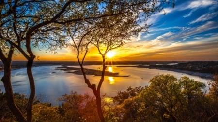 Lake Sunset - sky, water, landscape, tree, sun