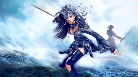 Fantasy girl - girl, warrior, blue, sword, asian, fantasy