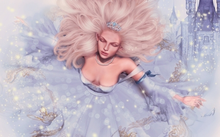 Princess - blue, dress, girl, blonde, fantasy, cinderella, rendering, princess, luminos