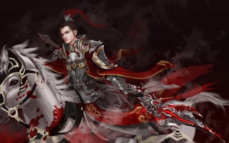 Knight - red, horse, game, warrior, fantasy, armor, asian, guy, man