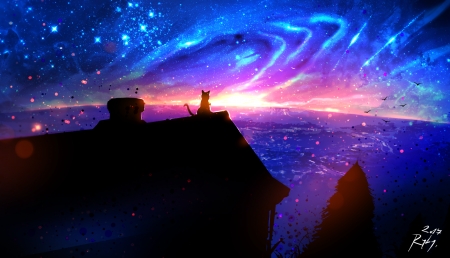 Magic roof - animal, pink, black, silhouette, cat, anime, blue, manga, pisica, sky, fantasy, ryky, luminos