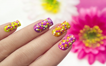 Spring manicure - manicure, woman, stuff, yellow, pink, hand, flower, spring