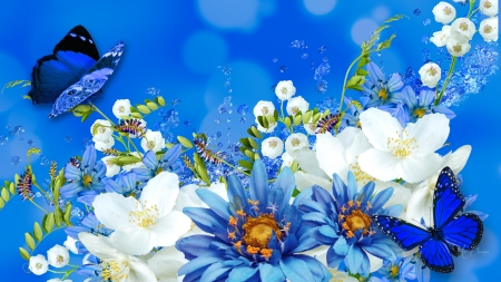 Nature in Blues - bokeh, floral, blue, summer, flowers, firefox persona theme, spring, butterflies