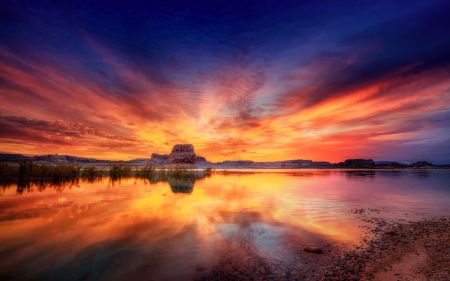 Imagination Lake - lake, clouds, sunset, nature, sun