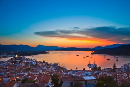 Santorini Sunset - oia, houses, sunset, greece, aegean, nature, santorini, clouds, sea, dusk