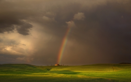 Rainbow - house, clouds, field, rainbow