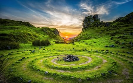 Sunrise - sky, circles, stones, grass, sunrise, rocks