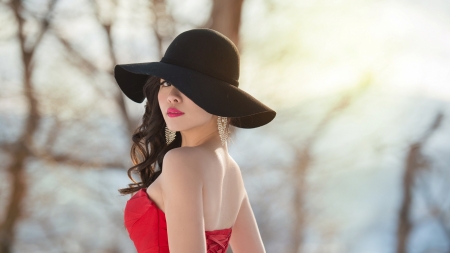 Lady in Red - red, woman, hat, model