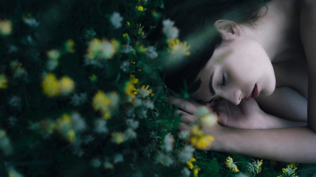 Sleeping Beauty - flowers, woman, model, sleeping