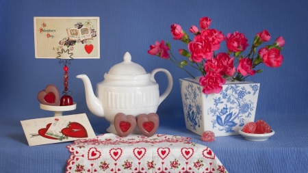 Still life - hearts, flowers, still life, tea pot