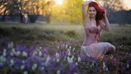 Lovely Girl - flowers, redhead, woman, model