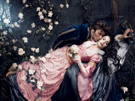 Sleeping Beauty - woman, love, couple, girl, valentine, rose, annie leibovitz, kiss, sleeping beauty, pink, prince, dress, flower