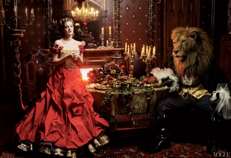 Beauty and the Beast - Drew Barrymore, drsee, candle, food, girl, room, table, actress, beauty and the beast, red, woman, annie leibovitz, princess, lion