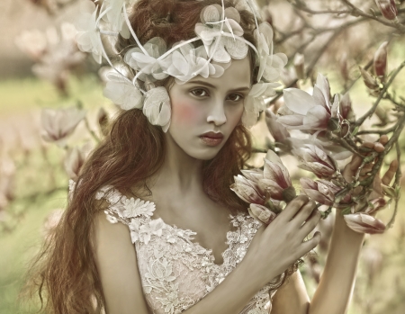 Magnolia - tale, girl, spring, flower, magnolia, white, woman, model, agnieszka lorek