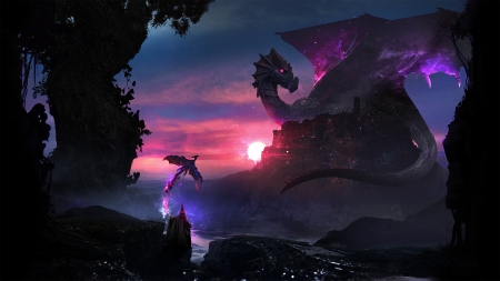 The Guardian - t1na, blue, silhouette, pink, black, fantasy, sunset, dragon, guardian, luminos