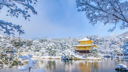 Golden Pavilion - japan, winter, scenery, snow, lake, kinkaku, golden, japanese