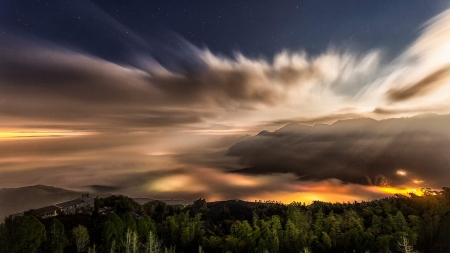 Sea Of Clouds Over Mountain - clouds, trees, nature, lights, sea, lake, houses, mountain