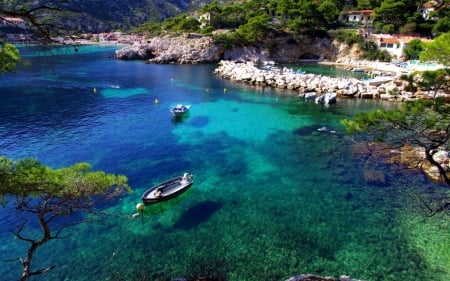 Marseille Sea Shore,France - nature, trees, france, shore, sea, boat, marseille, rocks