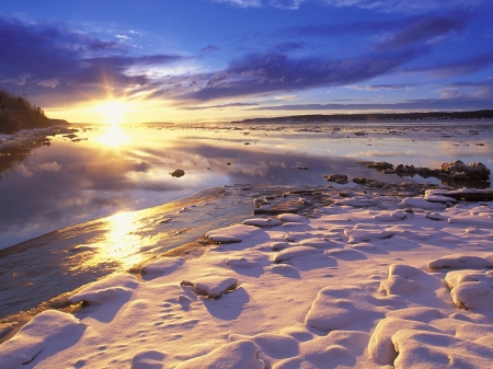 Sunset in Alaska - clouds, trees, stone, winter, snow, sea, alaska, reflection, frozen, sunset, nature, rocks