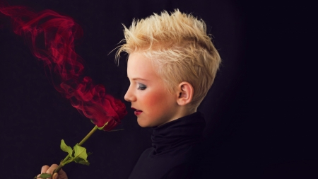 Burning rose - woman, burning, girl, smoke, black, rose, fantasy, creative, model, red, blonde