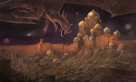 Dragon - fantasy, orange, dragon, castle, luminos, art