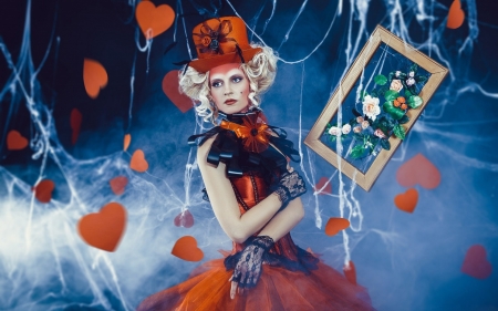 Beauty - hat, heart, frame, blue, girl, flower, orange, valentine, woman, model