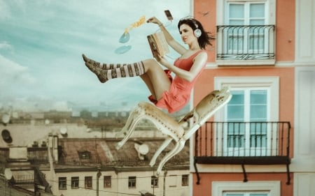 Gone with the music - coffee, girl, creative, orange, chair, fantasy, headphones, funny, woman, model, situation, cup