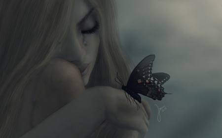 Sad beauty - fantasy, woman, rendering, girl, butterfly, face, dark, luminos