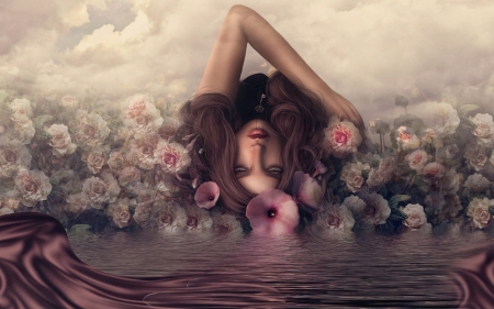 Beauty - woman, rendering, girl, luminos, pink, water, fantasy, flower