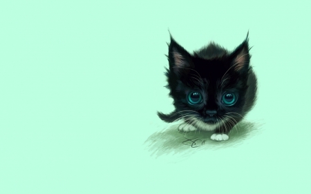 Kitten - blue, eyes, cat, black, pisica, animal, kitten, green, art, luminos