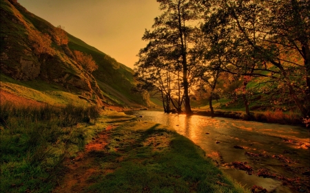 Last Sun Rays Between Mountains - trees, nature, lake, grass, mountain, sun