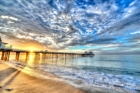 Ocean Pier Sunset - clouds, sunset, nature, beach, waves, reflection, sky, pier