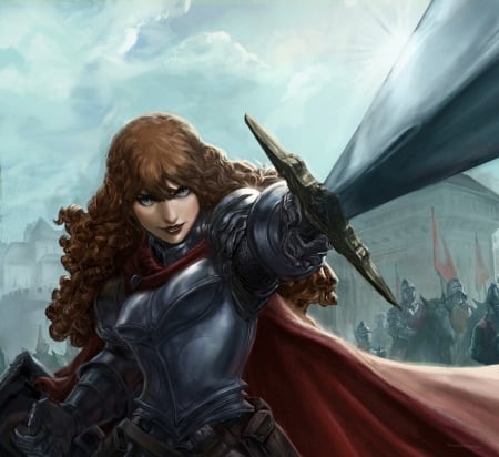 Warrior girl - armor, fantasy, blue, red, girl, sword, art, knight