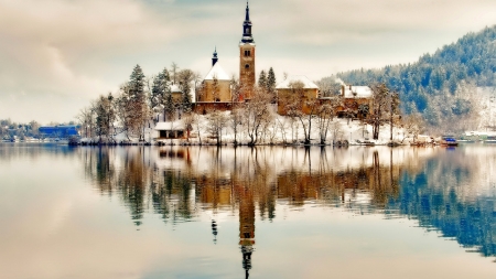 Lake of bled - reflection, landscape, beautiful, lake of bled, church, slovenia