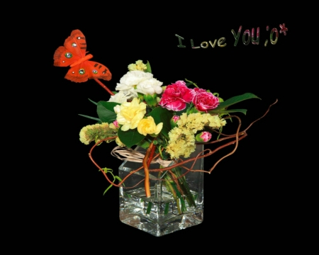 I Love You - bloom, black, flowers, glass