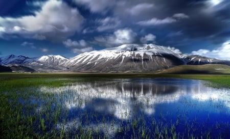 Sibillini National Park,Italy - volcano, nature, lake, reflection, clouds, snow, park, mountains